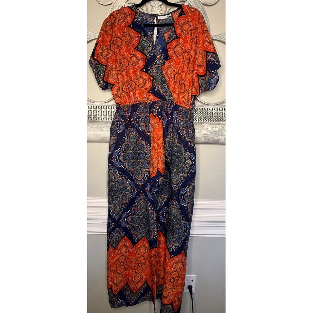 New York & Company Womens Paisley Medallion Romper Orange Navy Blue Medium EUC